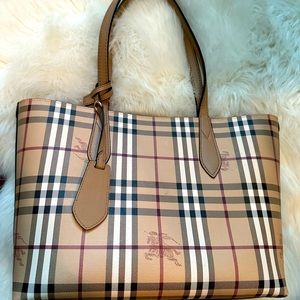 Burberry Haymarket colors check leather Mid camel reverse tote